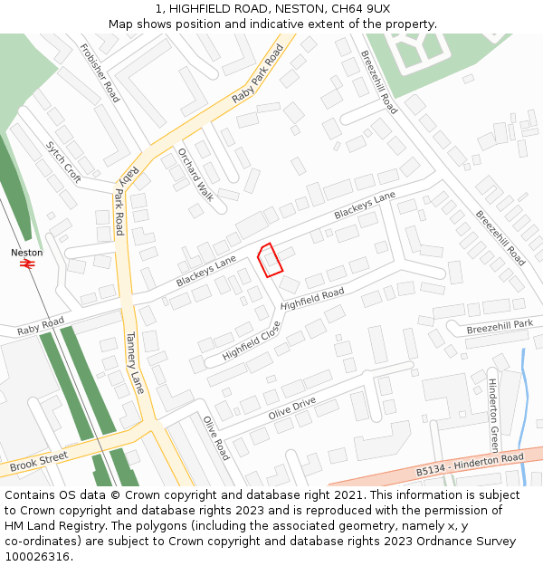 1, HIGHFIELD ROAD, NESTON, CH64 9UX: Location map and indicative extent of plot