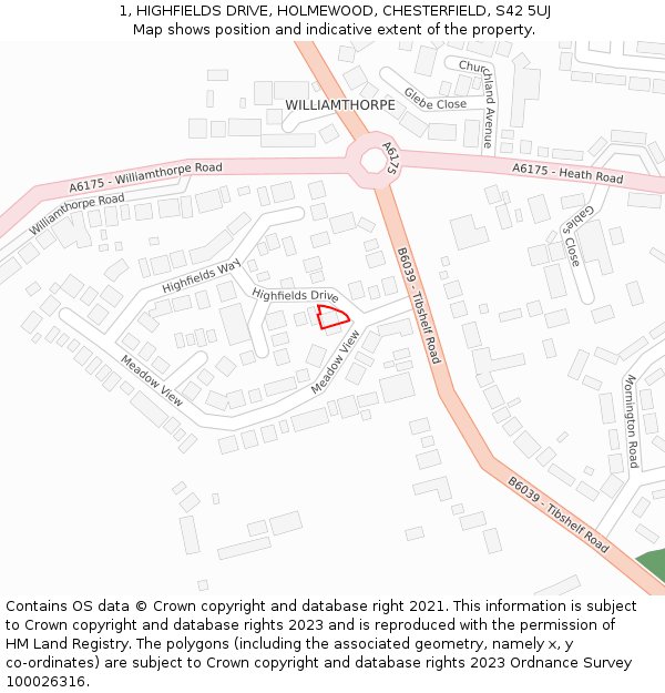 1, HIGHFIELDS DRIVE, HOLMEWOOD, CHESTERFIELD, S42 5UJ: Location map and indicative extent of plot