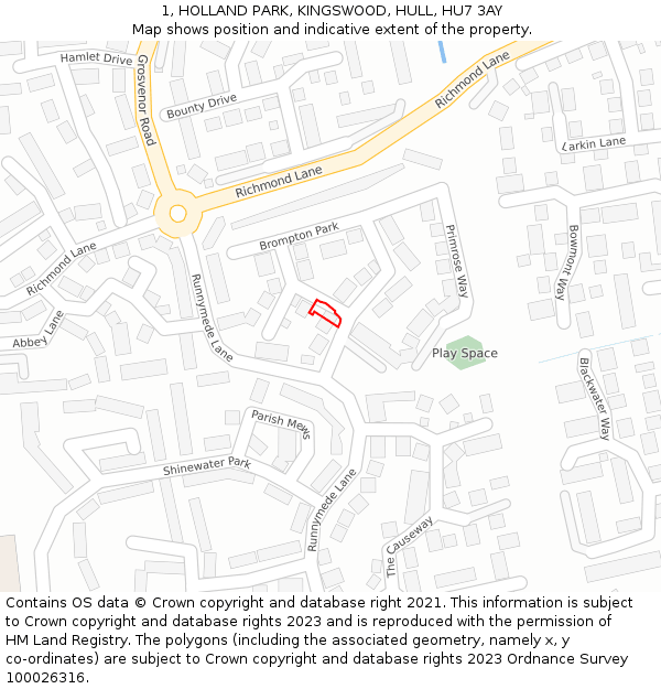 1, HOLLAND PARK, KINGSWOOD, HULL, HU7 3AY: Location map and indicative extent of plot