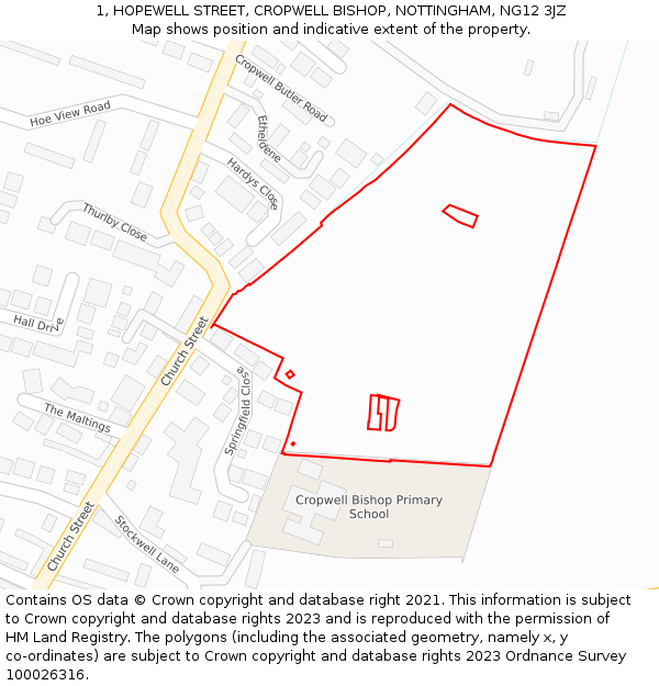 1, HOPEWELL STREET, CROPWELL BISHOP, NOTTINGHAM, NG12 3JZ: Location map and indicative extent of plot