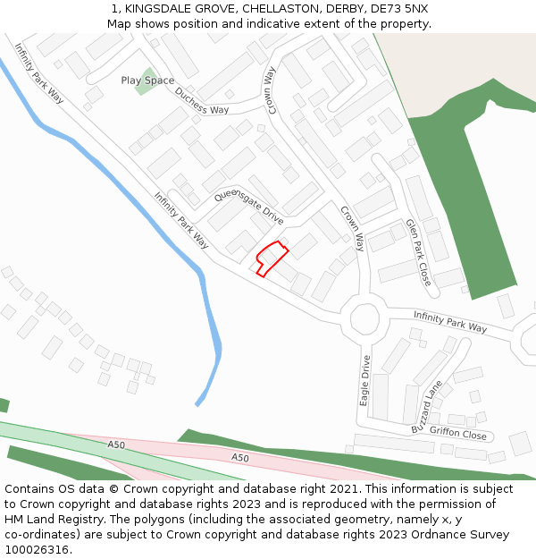 1, KINGSDALE GROVE, CHELLASTON, DERBY, DE73 5NX: Location map and indicative extent of plot