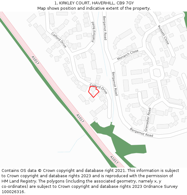 1, KIRKLEY COURT, HAVERHILL, CB9 7GY: Location map and indicative extent of plot