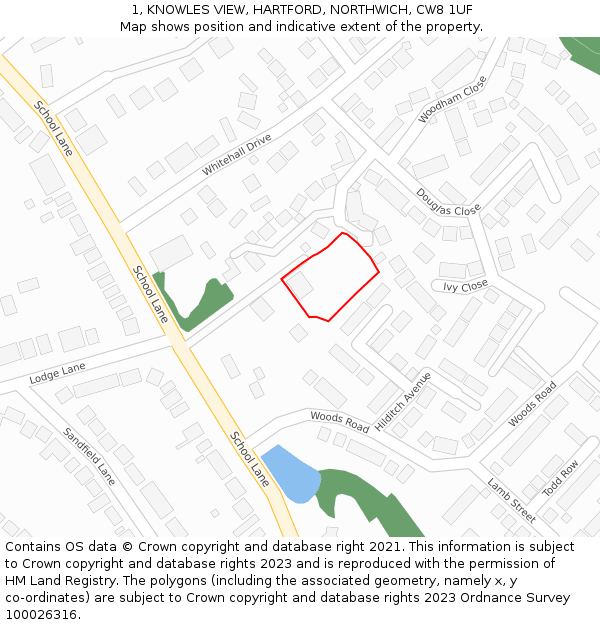 1, KNOWLES VIEW, HARTFORD, NORTHWICH, CW8 1UF: Location map and indicative extent of plot