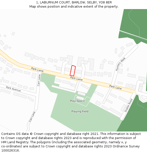 1, LABURNUM COURT, BARLOW, SELBY, YO8 8ER: Location map and indicative extent of plot