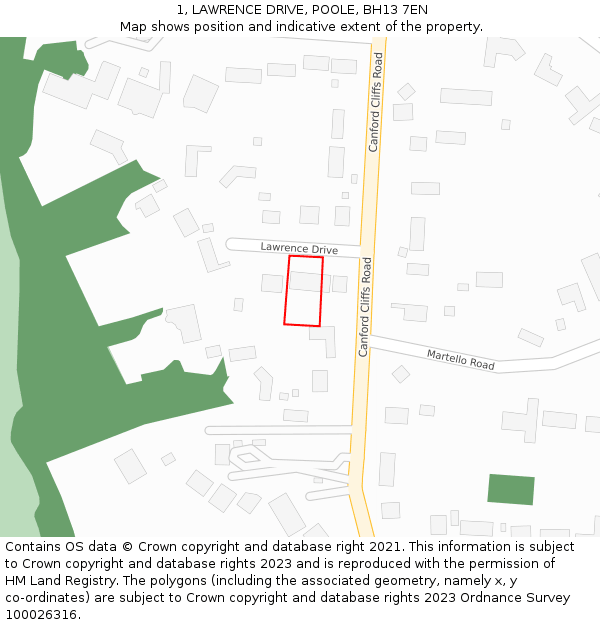 1, LAWRENCE DRIVE, POOLE, BH13 7EN: Location map and indicative extent of plot