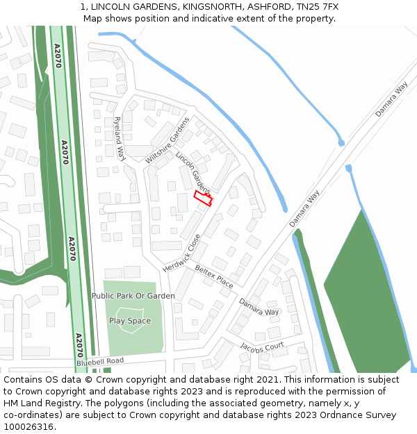 1, LINCOLN GARDENS, KINGSNORTH, ASHFORD, TN25 7FX: Location map and indicative extent of plot