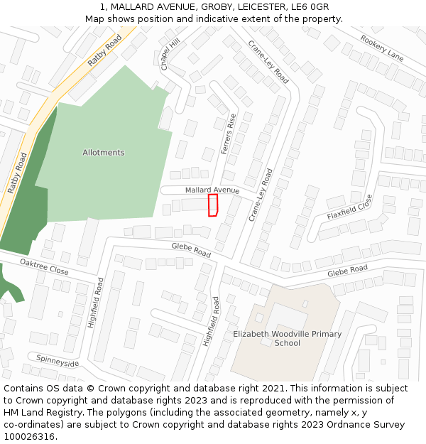 1, MALLARD AVENUE, GROBY, LEICESTER, LE6 0GR: Location map and indicative extent of plot