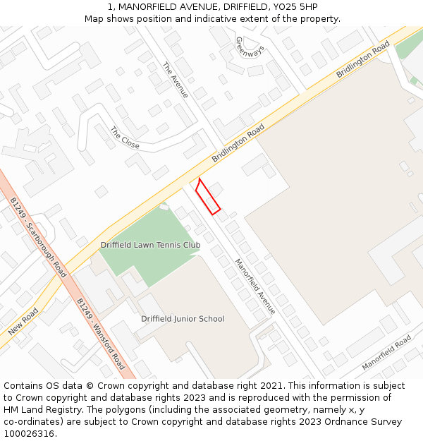 1, MANORFIELD AVENUE, DRIFFIELD, YO25 5HP: Location map and indicative extent of plot