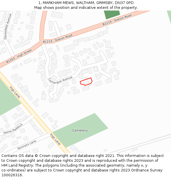 1, MARKHAM MEWS, WALTHAM, GRIMSBY, DN37 0PD: Location map and indicative extent of plot