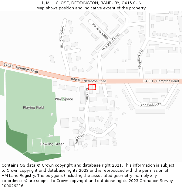 1, MILL CLOSE, DEDDINGTON, BANBURY, OX15 0UN: Location map and indicative extent of plot