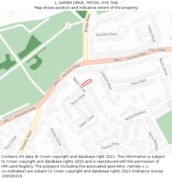 1, NAPIER DRIVE, TIPTON, DY4 7NW: Location map and indicative extent of plot