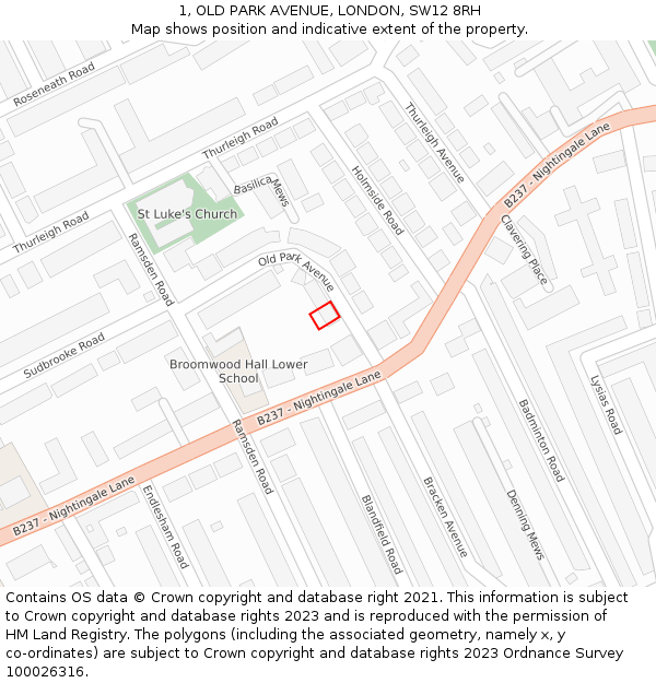 1, OLD PARK AVENUE, LONDON, SW12 8RH: Location map and indicative extent of plot