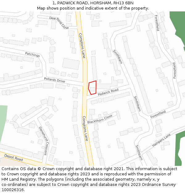 1, PADWICK ROAD, HORSHAM, RH13 6BN: Location map and indicative extent of plot