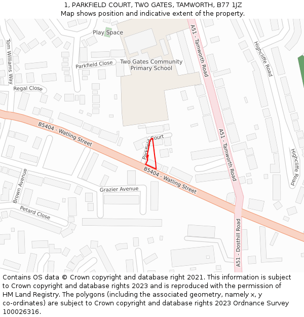 1, PARKFIELD COURT, TWO GATES, TAMWORTH, B77 1JZ: Location map and indicative extent of plot