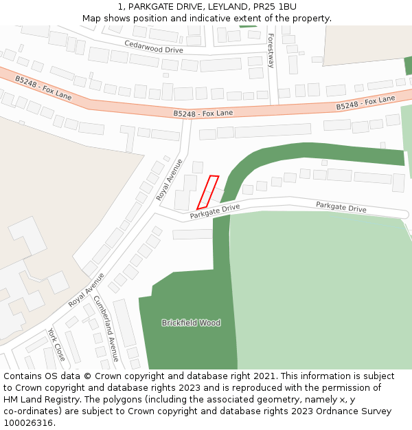 1, PARKGATE DRIVE, LEYLAND, PR25 1BU: Location map and indicative extent of plot