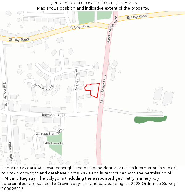 1, PENHALIGON CLOSE, REDRUTH, TR15 2HN: Location map and indicative extent of plot