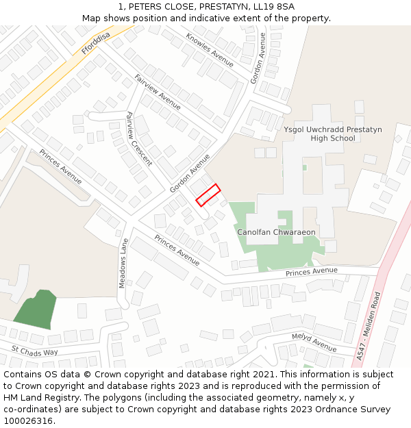 1, PETERS CLOSE, PRESTATYN, LL19 8SA: Location map and indicative extent of plot