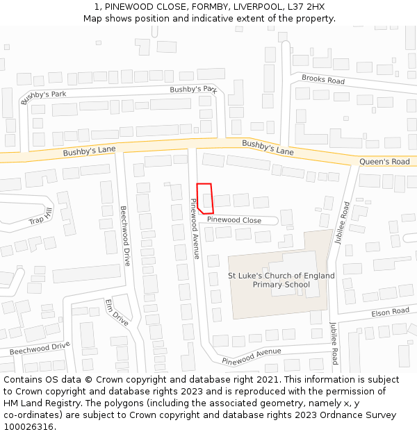 1, PINEWOOD CLOSE, FORMBY, LIVERPOOL, L37 2HX: Location map and indicative extent of plot