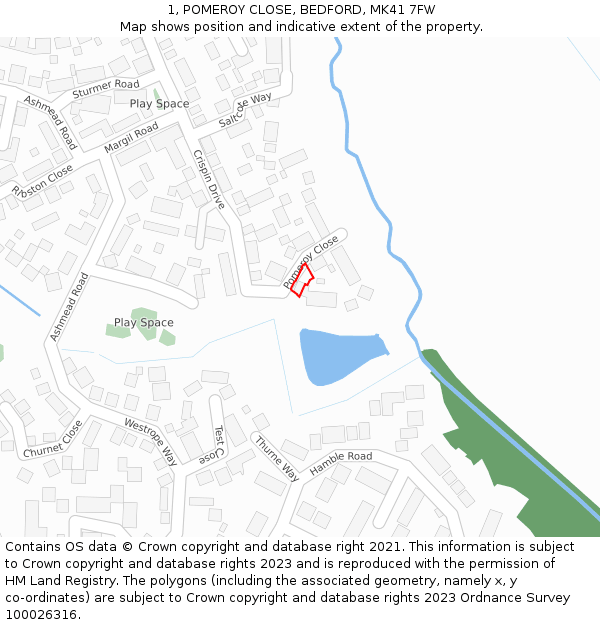 1, POMEROY CLOSE, BEDFORD, MK41 7FW: Location map and indicative extent of plot