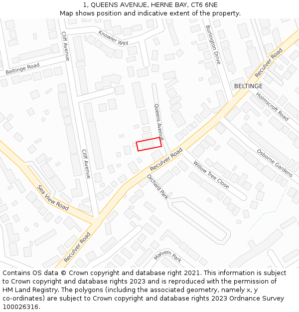 1, QUEENS AVENUE, HERNE BAY, CT6 6NE: Location map and indicative extent of plot