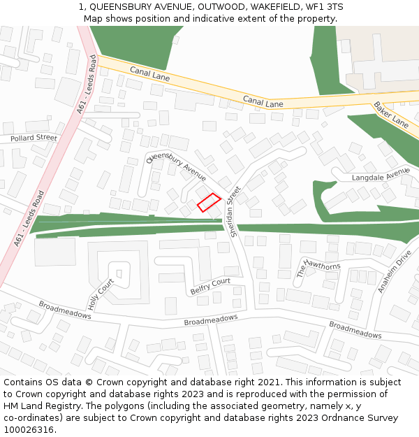 1, QUEENSBURY AVENUE, OUTWOOD, WAKEFIELD, WF1 3TS: Location map and indicative extent of plot