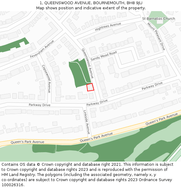 1, QUEENSWOOD AVENUE, BOURNEMOUTH, BH8 9JU: Location map and indicative extent of plot