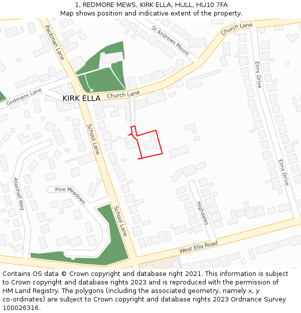 1, REDMORE MEWS, KIRK ELLA, HULL, HU10 7FA: Location map and indicative extent of plot