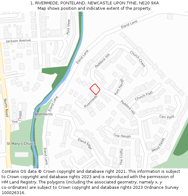 1, RIVERMEDE, PONTELAND, NEWCASTLE UPON TYNE, NE20 9XA: Location map and indicative extent of plot