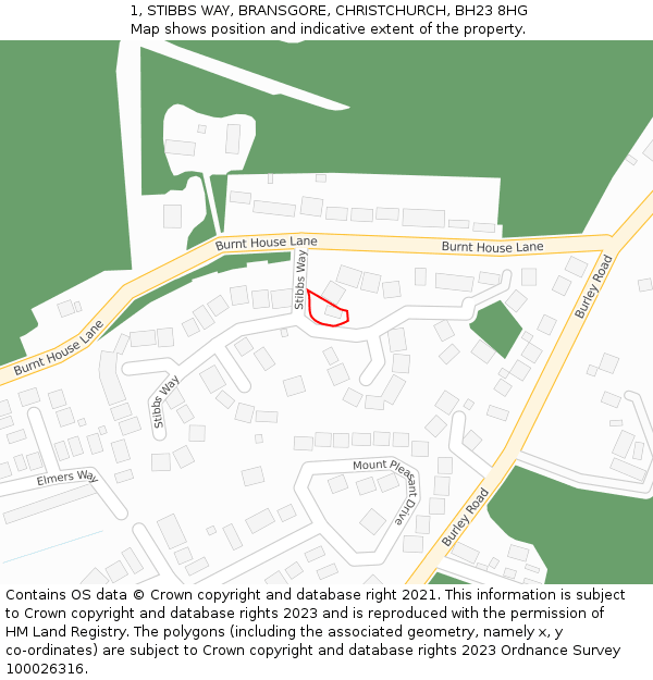 1, STIBBS WAY, BRANSGORE, CHRISTCHURCH, BH23 8HG: Location map and indicative extent of plot