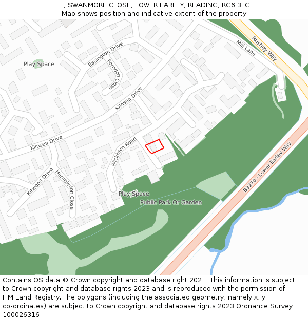 1, SWANMORE CLOSE, LOWER EARLEY, READING, RG6 3TG: Location map and indicative extent of plot