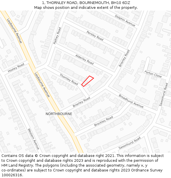 1, THORNLEY ROAD, BOURNEMOUTH, BH10 6DZ: Location map and indicative extent of plot