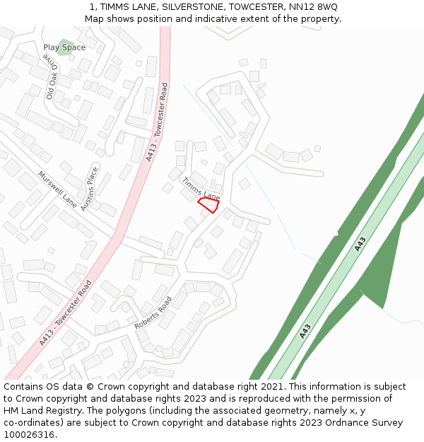 1, TIMMS LANE, SILVERSTONE, TOWCESTER, NN12 8WQ: Location map and indicative extent of plot