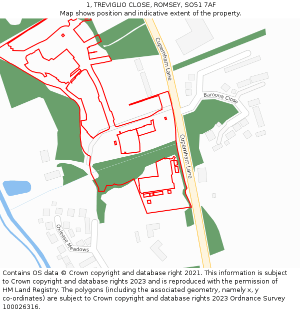 1, TREVIGLIO CLOSE, ROMSEY, SO51 7AF: Location map and indicative extent of plot