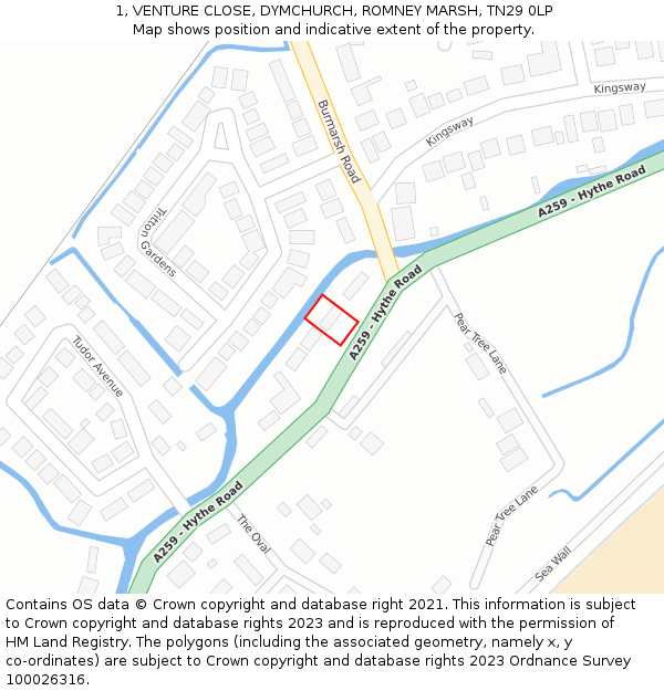 1, VENTURE CLOSE, DYMCHURCH, ROMNEY MARSH, TN29 0LP: Location map and indicative extent of plot