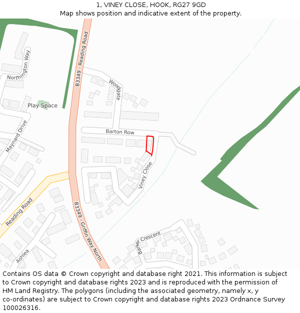 1, VINEY CLOSE, HOOK, RG27 9GD: Location map and indicative extent of plot