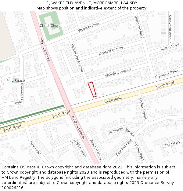 1, WAKEFIELD AVENUE, MORECAMBE, LA4 6DY: Location map and indicative extent of plot