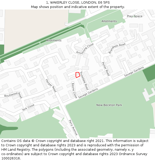 1, WAKERLEY CLOSE, LONDON, E6 5PS: Location map and indicative extent of plot