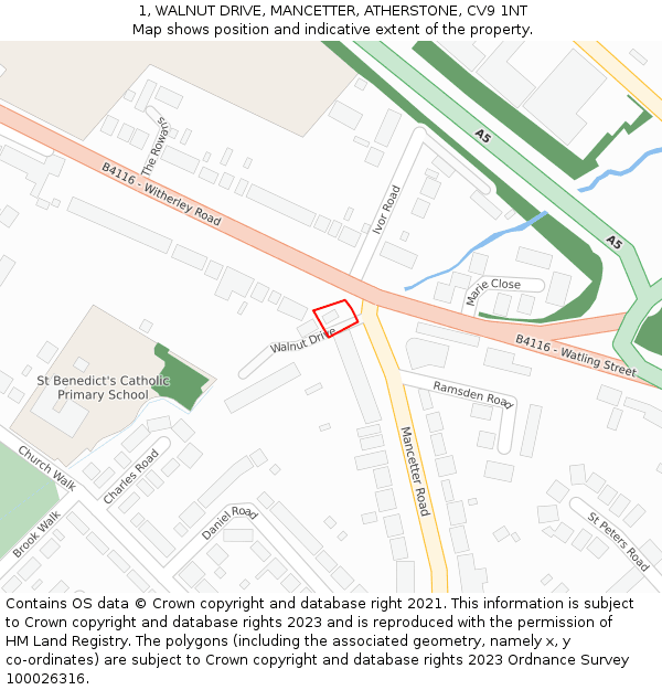 1, WALNUT DRIVE, MANCETTER, ATHERSTONE, CV9 1NT: Location map and indicative extent of plot