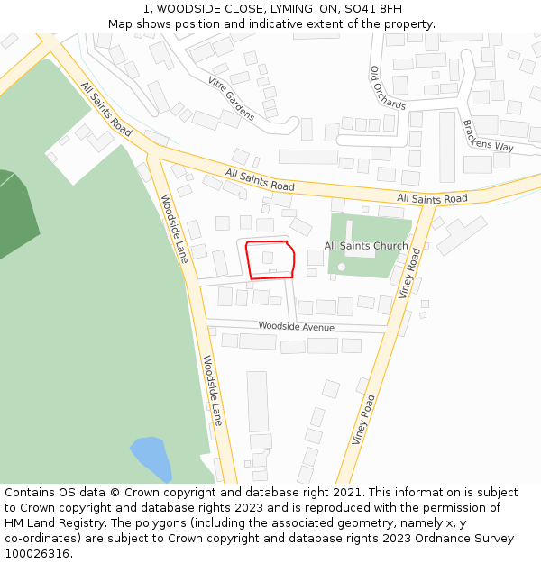 1, WOODSIDE CLOSE, LYMINGTON, SO41 8FH: Location map and indicative extent of plot