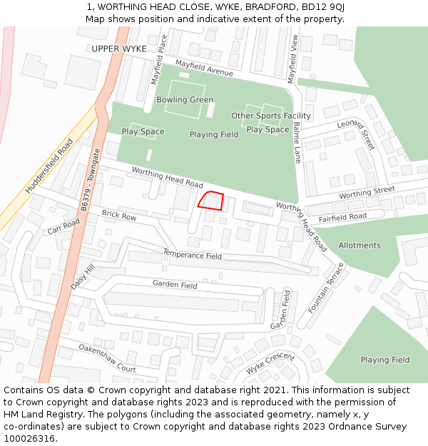 1, WORTHING HEAD CLOSE, WYKE, BRADFORD, BD12 9QJ: Location map and indicative extent of plot