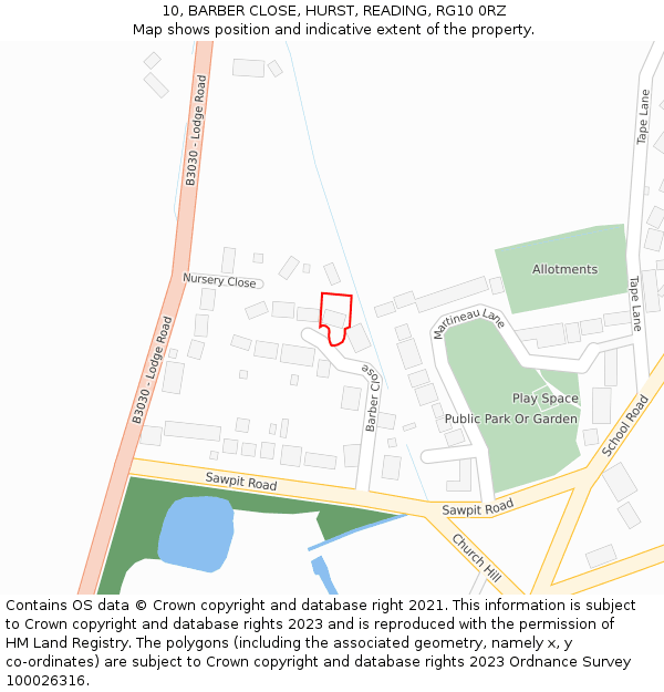 10, BARBER CLOSE, HURST, READING, RG10 0RZ: Location map and indicative extent of plot