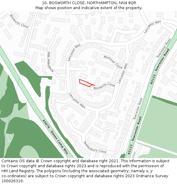 10, BOSWORTH CLOSE, NORTHAMPTON, NN4 8QR: Location map and indicative extent of plot