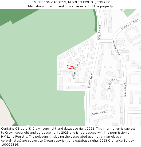 10, BRECON GARDENS, MIDDLESBROUGH, TS6 9RZ: Location map and indicative extent of plot