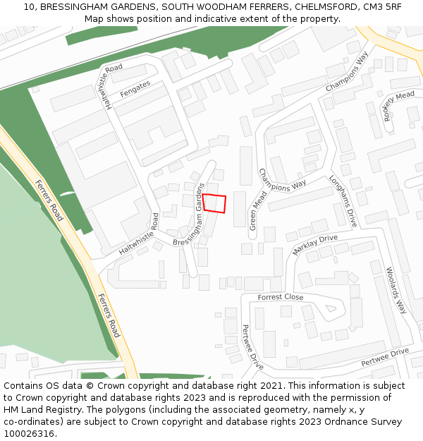 10, BRESSINGHAM GARDENS, SOUTH WOODHAM FERRERS, CHELMSFORD, CM3 5RF: Location map and indicative extent of plot