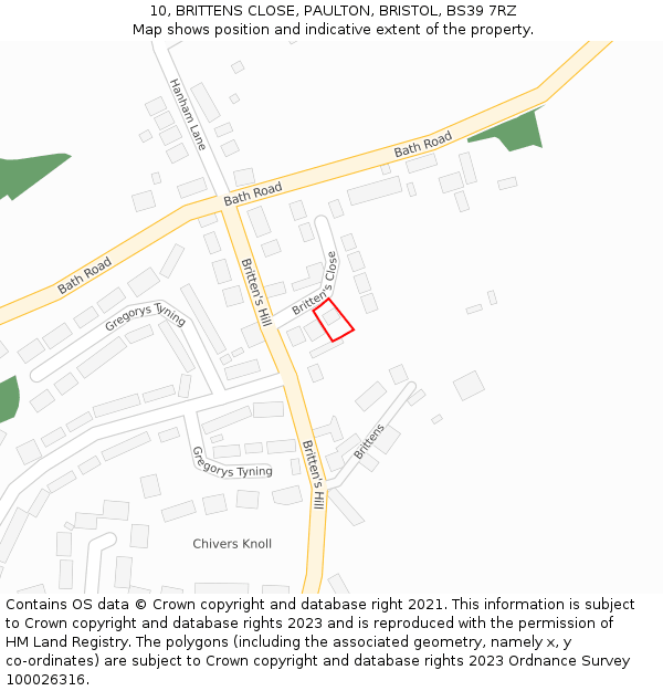 10, BRITTENS CLOSE, PAULTON, BRISTOL, BS39 7RZ: Location map and indicative extent of plot