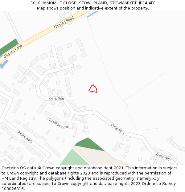 10, CHAMOMILE CLOSE, STOWUPLAND, STOWMARKET, IP14 4FE: Location map and indicative extent of plot