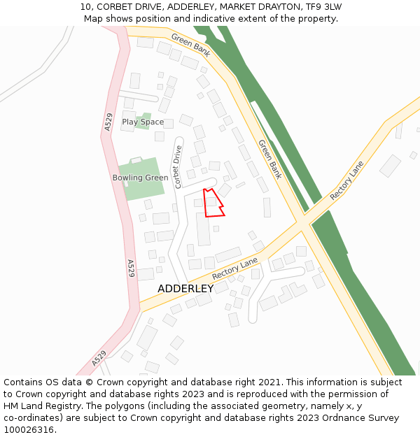 10, CORBET DRIVE, ADDERLEY, MARKET DRAYTON, TF9 3LW: Location map and indicative extent of plot