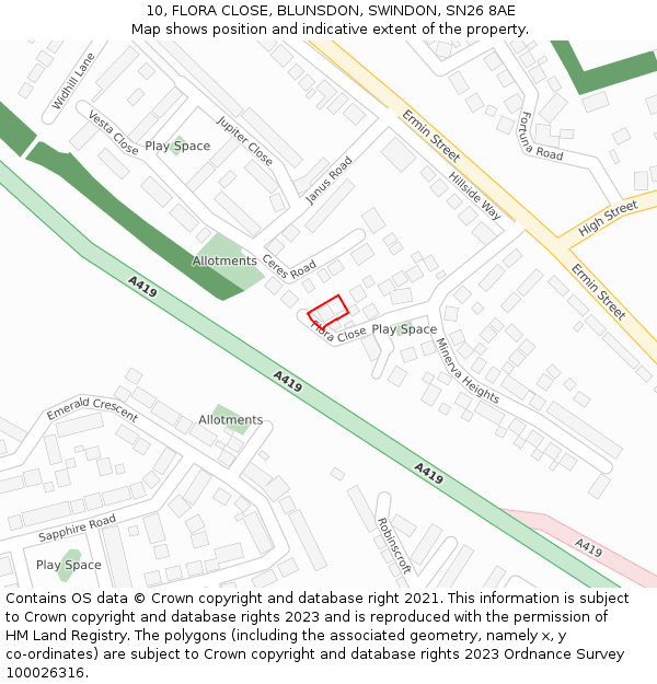 10, FLORA CLOSE, BLUNSDON, SWINDON, SN26 8AE: Location map and indicative extent of plot