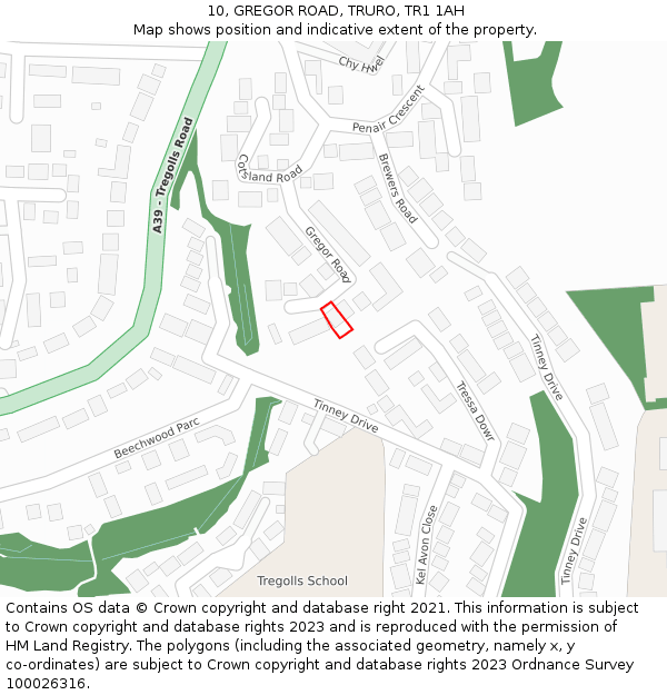 10, GREGOR ROAD, TRURO, TR1 1AH: Location map and indicative extent of plot