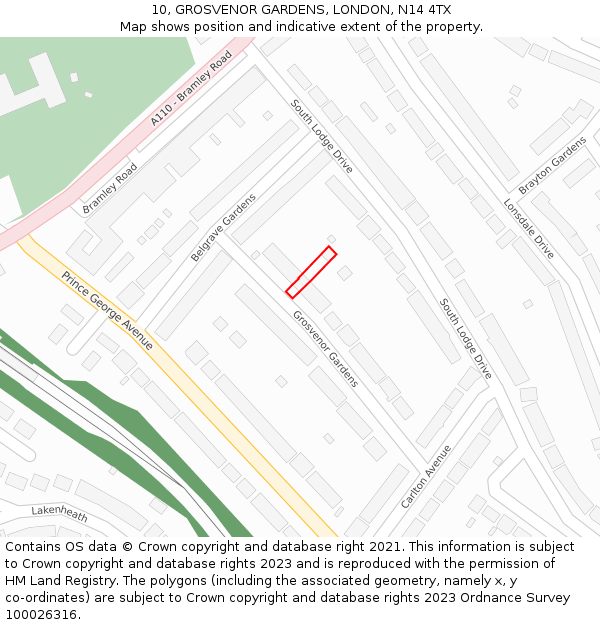 10, GROSVENOR GARDENS, LONDON, N14 4TX: Location map and indicative extent of plot